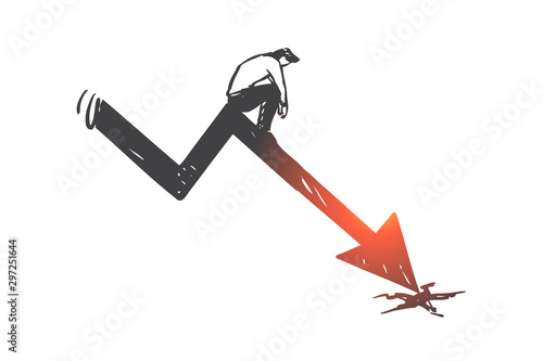 Business loss, graph arrow decline, bankruptcy concept sketch. Hand drawn isolated vector