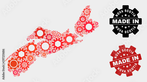 Mosaic industrial Nova Scotia Province map and grunge seal. Vector geographic abstraction in red colors. Mosaic of Nova Scotia Province map combined of random cogwheel elements.