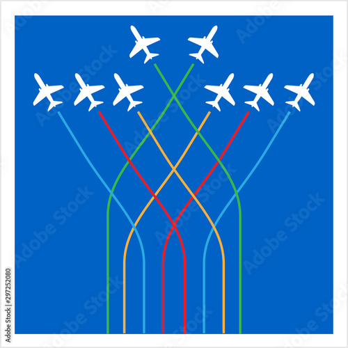 Airplane Flying Formation In Blue Sky, Air Show Display, The Disciplined Flight