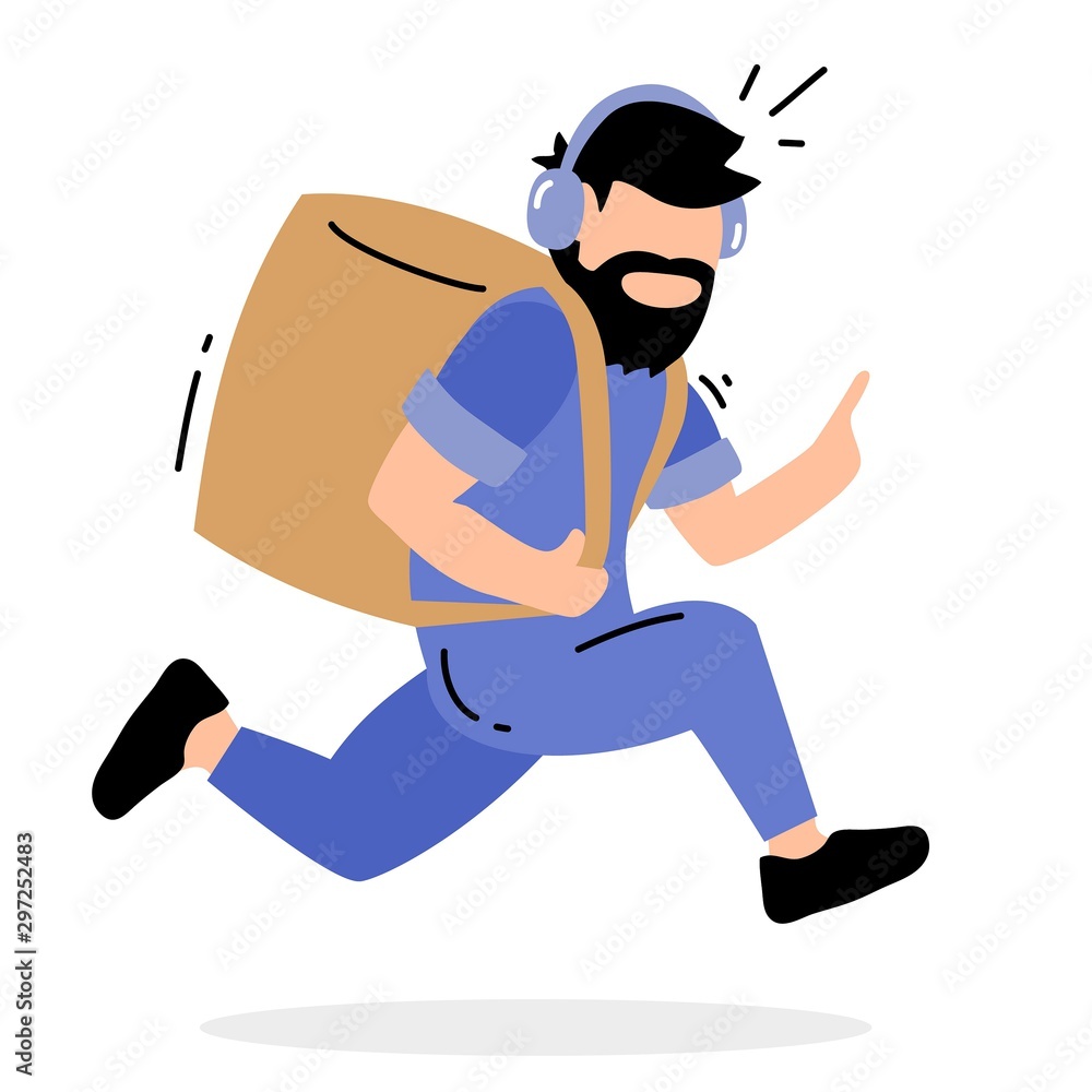 Vector creative illustration of running delivery man with box on Vector creative illustration of running delivery man with box on