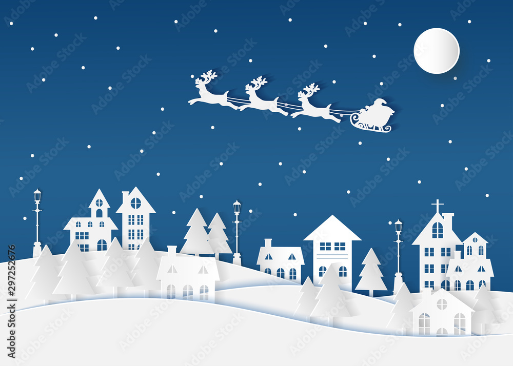 Naklejka premium Winter landscape with houses and trees.Santa Claus on the sky in winter season.Merry Christmas and Happy New Year. paper art design.Vector EPS 10.