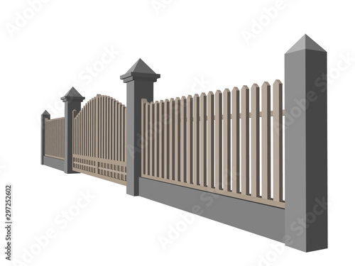 Wooden fence with gate. Isolated on white background. Vector illustration.