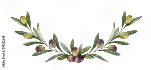 Watercolor vector wreath of olive branches and berries.