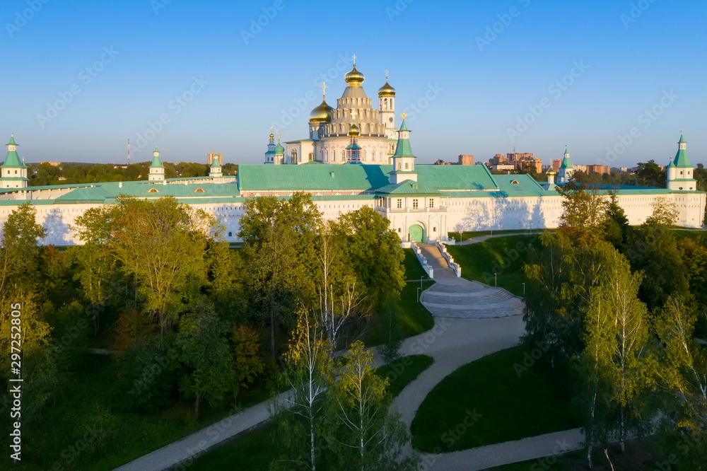 Panorama of the Voskresensky New Jerusalem stauropegial monastery in town Istra, view from above. Moscow region. Russia