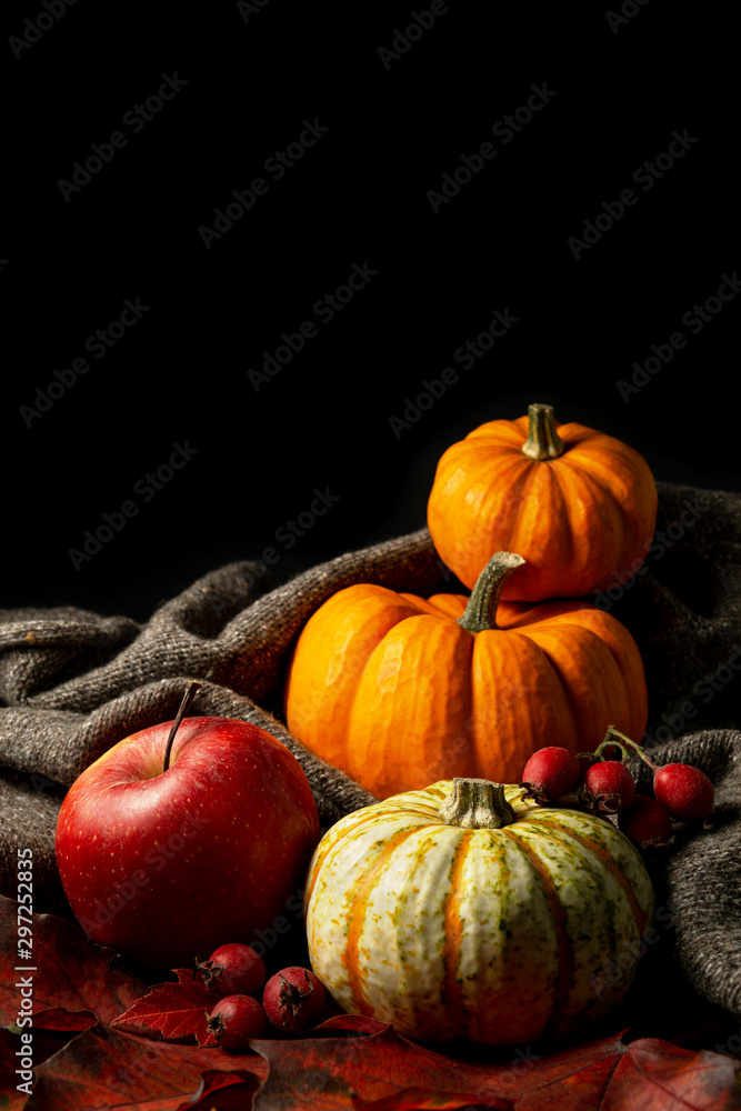 Three pumpkins, apple and berries on leaves and fabric. Still life