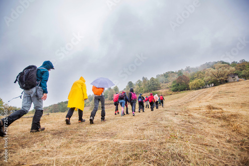 Rearview of unrecognizable people hiking on a rainy day in nature