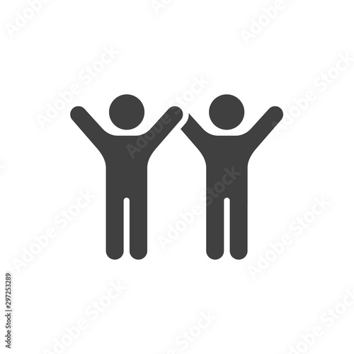 Friends with raised hands vector icon. filled flat sign for mobile concept and web design. People friendship glyph icon. Symbol, logo illustration. Vector graphics