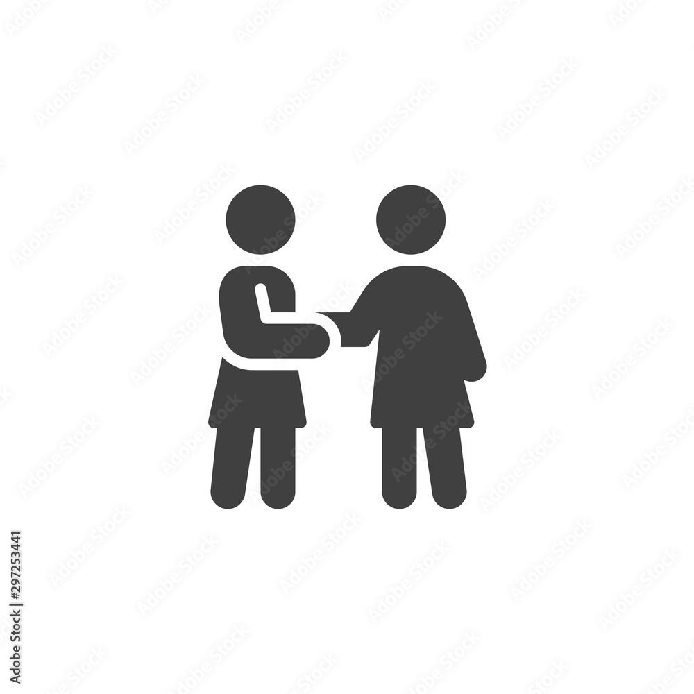 Two girl friends handshake vector icon. filled flat sign for mobile concept and web design. People friendship and relationship glyph icon. Symbol, logo illustration. Vector graphics