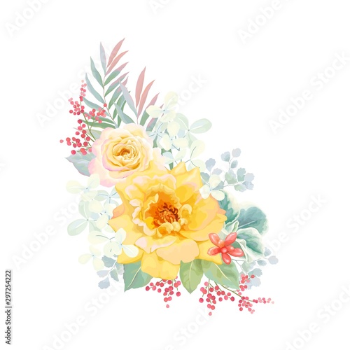 Fototapeta Naklejka Na Ścianę i Meble -  Flowers decor with yellow roses, red succulent, gentle hydrangea, leaves and branches. Vector floral invitation card, composition on white background in vintage watercolor style.