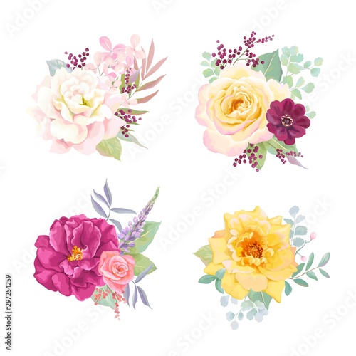 Flowers set decors with colorful roses  gentle hydrangea  leaves and branches. Vector floral compositions on white background in vintage watercolor style. Summer blossoming collection for your design.