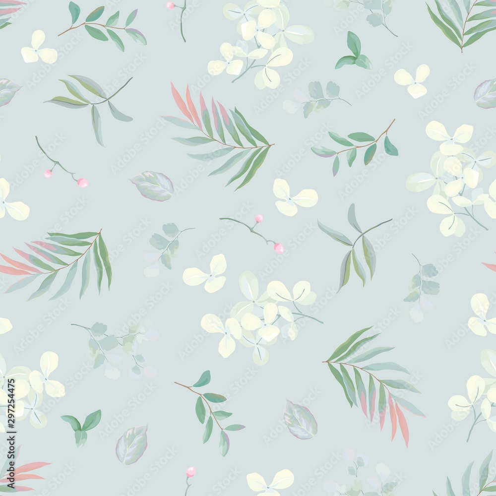 Seamless pattern with tender inflorescences hydrangea, leaves and branches in pastel colors. Vector floral illustration in vintage style on turquoise background. Seamless pattern with tender inflorescences hydrangea, leaves and branches in pastel colors. Vector floral illustration in vintage style on turquoise background.