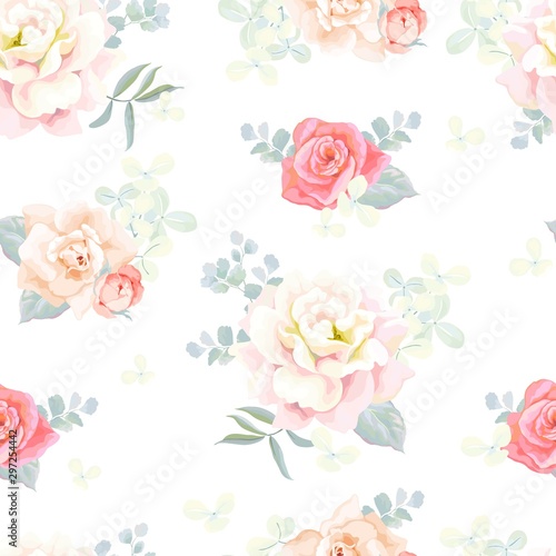 Seamless flowers pattern with roses, leaves and branches hydrangea. Vector floral romantic illustration in retro style on white background.