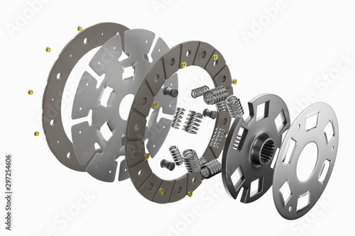 3d rendering. Spare parts for car and truck clutch disk. Auto parts for transmission. Separate image of all in clutch disk objects.