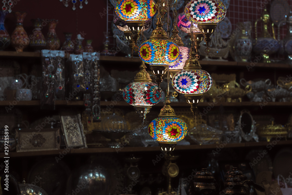 Obraz premium Multicolored glass lamps in the Eastern Bazaar. Oriental style