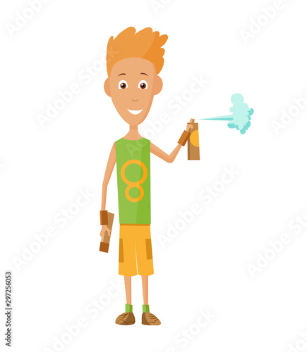 illustration of cool guy showing bottle of spray paint.