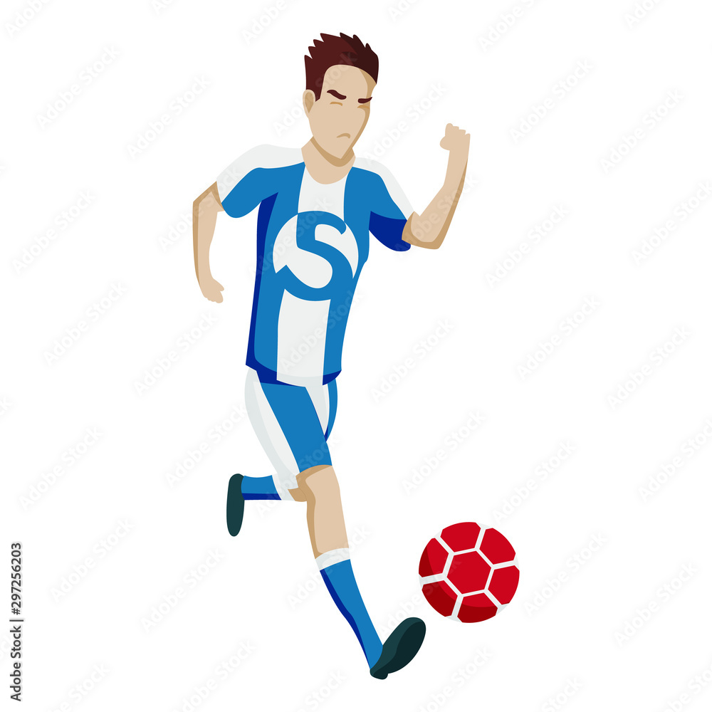 Football player character showing actions. Cheerful soccer player running, kicking the ball, jumping. Simple style vector illustration.