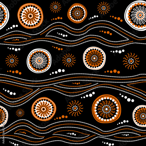 Australian aboriginal seamless vector pattern with dotted circles, rings, suns and crooked stripes