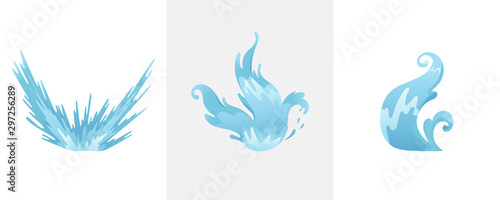 Blue waves and water splashes set  wavy symbols of nature in motion vector Illustrations.