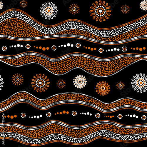 Australian aboriginal art seamless vector pattern with dotted circles, rings, suns and crooked stripes