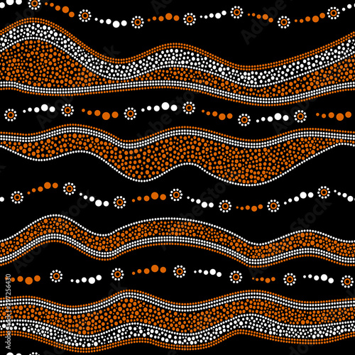 Australian aboriginal seamless vector pattern with dotted circles, rings, suns and crooked stripes