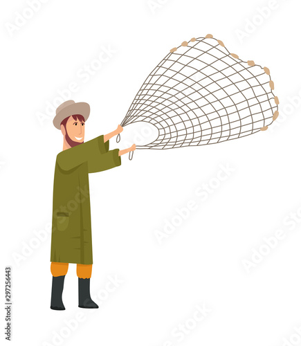 Fisherman flat icons. Fishing people with fish and equipment vector set. Fishing equipment, leisure and hobby catch fish illustration.