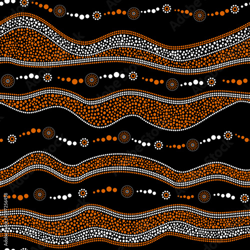 Australian aboriginal seamless vector pattern with dotted circles, rings, suns and crooked stripes