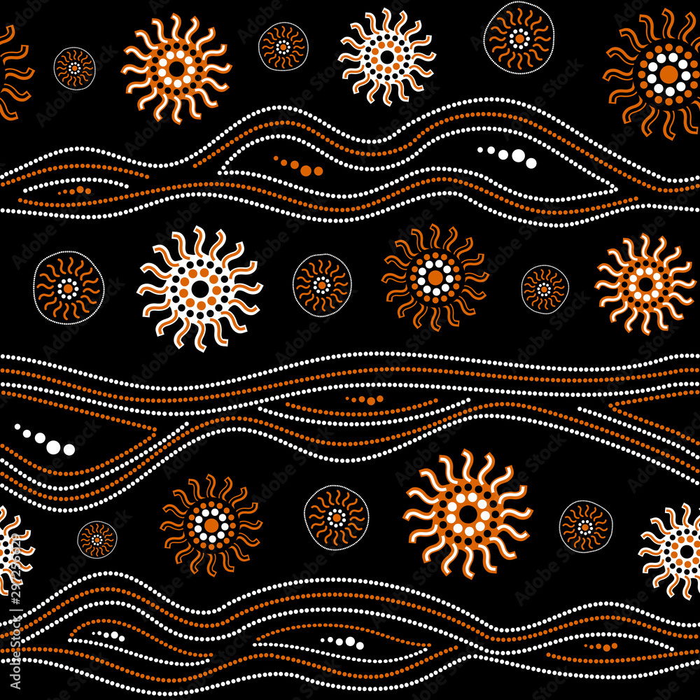Fototapeta Australian aboriginal seamless vector pattern with dotted circles, rings, suns and crooked stripes