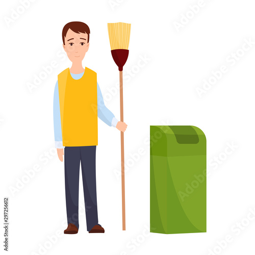 male janitor in uniform mopping floor man cleaner holding mop cleaning service concept full length flat white background.