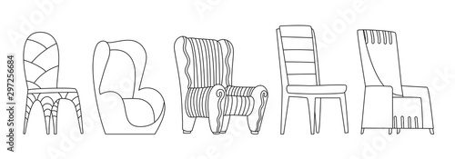 Coloring book page. Chair vector comfortable seat for interior style. Design of modern chair and armchair illustration set of camp bar-chair and folding-chair isolated on white background.