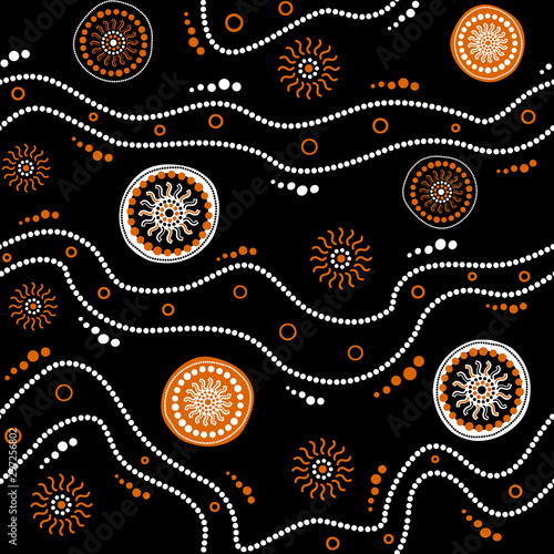 Australian aboriginal seamless vector pattern with dotted circles, rings, suns and crooked stripes