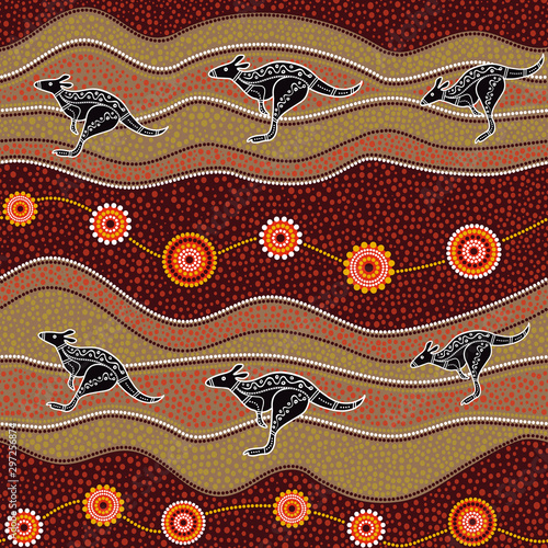 Australian aboriginal art seamless vector pattern with kangaroo, dotted circles, rings and crooked stripes
