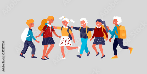 Group of friends schoolchildren character are laughing and talking. Stylish smiling boys and girls. Friendly group of go in school to study
