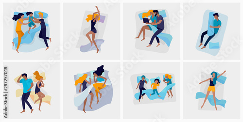 Collection of sleeping people character. Family with child are sleep in bed together and alone in various poses, different postures during