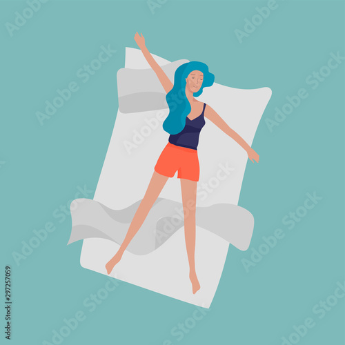 Sleeping woman character. Girl are sleep in bed alone in relax pose. Top view. Colorful vector