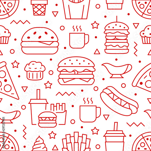 Fast food seamless pattern with vector line icons of hamburger, pizza, hot dog, beverage, cheeseburger. Restaurant menu background, tasty unhealthy lunch