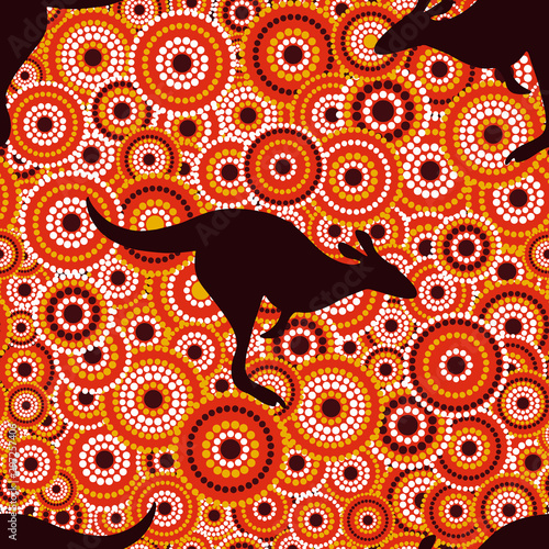Australian aboriginal art seamless vector pattern with dotted circles and kangaroo