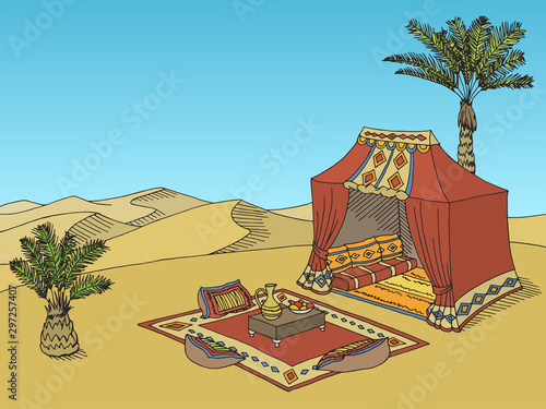 Desert tent graphic black white landscape sketch illustration vector