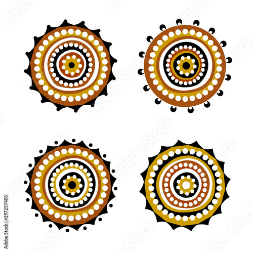 Set of aboriginal art vector icons including ethnic Australian motive with typical elements