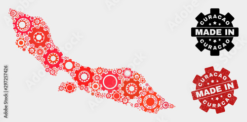 Mosaic technical Curacao Island map and textured seal. Vector geographic abstraction in red colors. Mosaic of Curacao Island map combined of random gearwheel elements. Red colored model for technical,