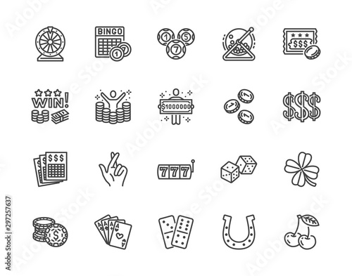 Lottery winner flat line icons set. Win money gambling, casino poker, bingo, wheel of fortune, scratch card vector illustrations. Outline signs for ticket store. Pixel perfect 64x64. Editable Strokes