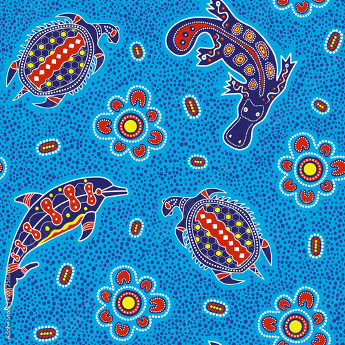 Australian aboriginal art seamless vector pattern with dolphin, turtle, platypus and other dotted typical elements