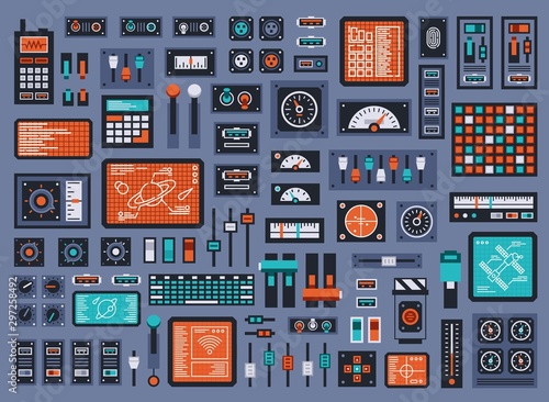 Set of control panel elements for spacecraft or technical industrial station. Vector illustration. © Agor2012
