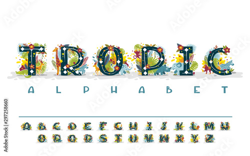 Tropical letters, exotic alphabet, animals, leaves and flowers. Cute cartoon flat style font, concept illustration abc lettering isolated on white background. Vector