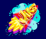 Jake cartoon name graffiti style on the rocket start. Vector color kids boy illustration