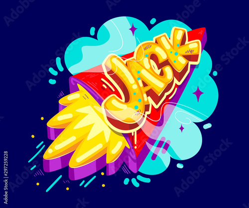 Jack name graffiti style on the rocket start. Vector cartoon kids boy illustration 