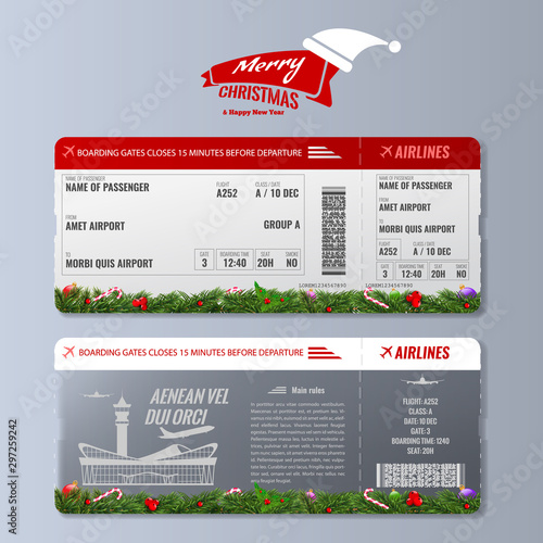 Airline boarding pass or air ticket design template with christmas or new year holiday concept. Vector illustration.