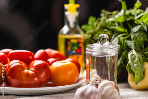 The concept of Italian cuisine. Traditional ingredients for cooking Italian pasta. Close-up.
