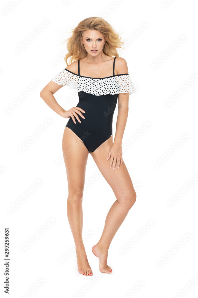 Young sexy blonde woman in swimwear, isolated on white background Young sexy blonde woman in swimwear, isolated on white background