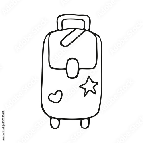 Single hand-drawn suitcase on wheels with stickers. In doodle style, black outline isolated on a white background. For banners, cards, coloring book, design, stickers. Vector illustration