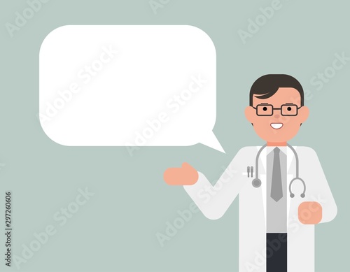 man doctor with speech balloon.Flat cartoon style vector illustration.